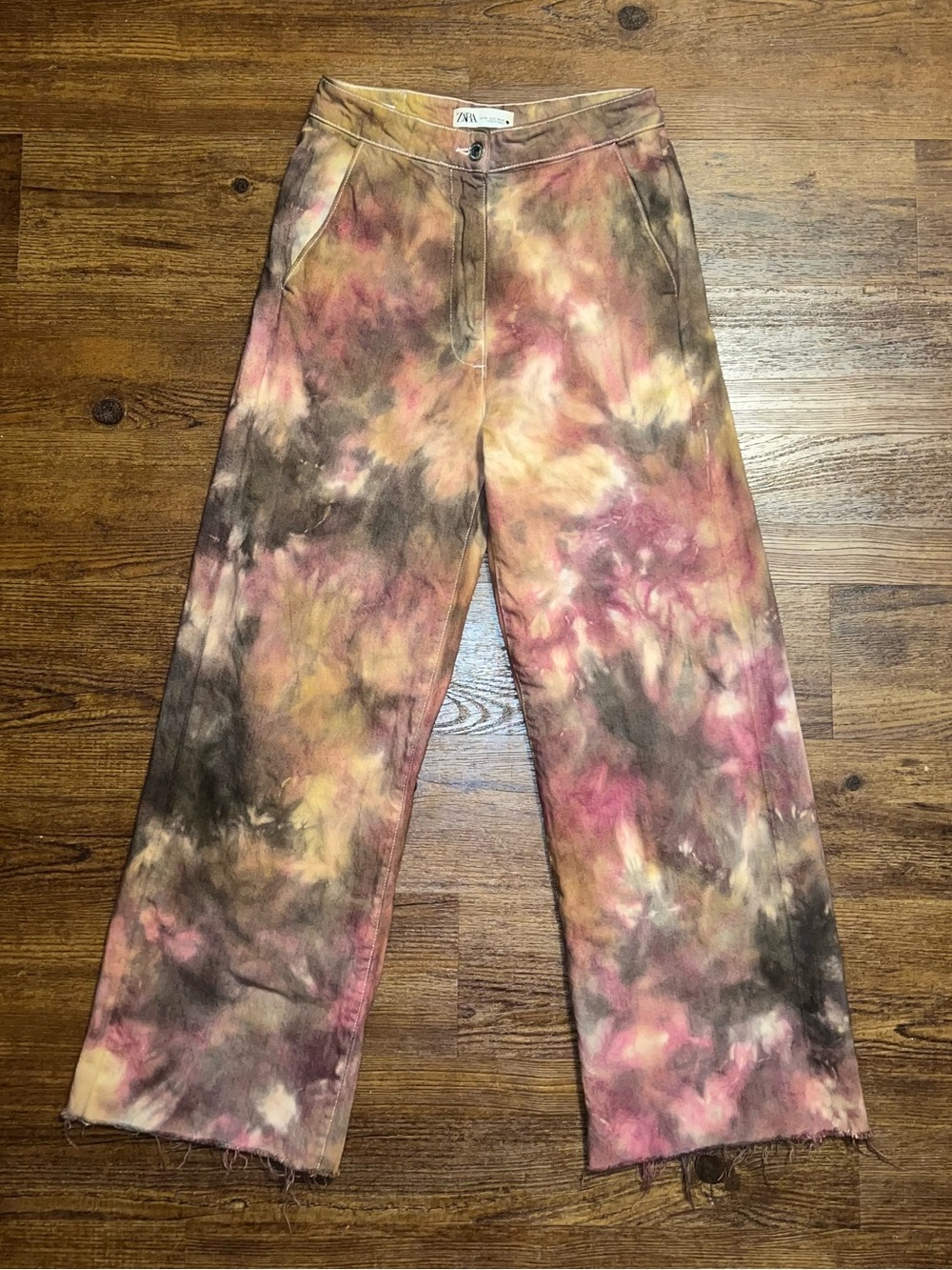 Zara Wide Leg Reworked Brown Acid Wash High Rise Frayed Hem Jeans Boho Size 4